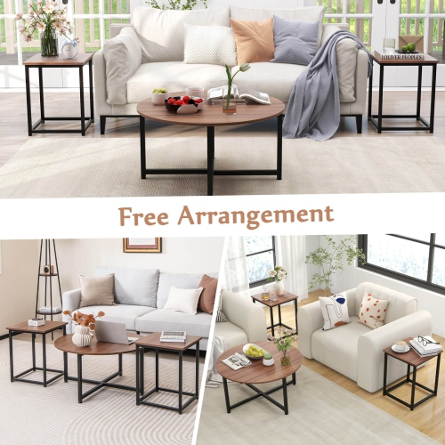 Costway 3 PCS Coffee Table Set Round Coffee Table and 2PCS Square End Tables Metal Frame