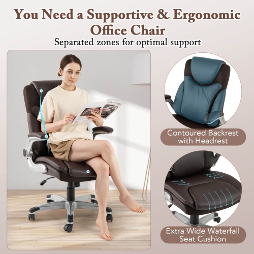 Costway Ergonomic Office Chair PU Leather Executive Swivel with Flip-up Armrests
