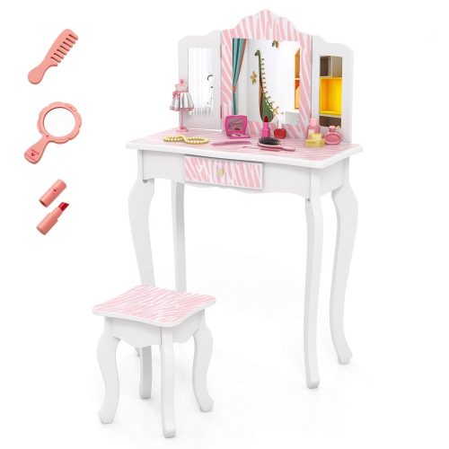 Ensemble coiffeuse et tabouret pour enfants avec charmant tiroir miroir repliable à imprimé à pois de Costway