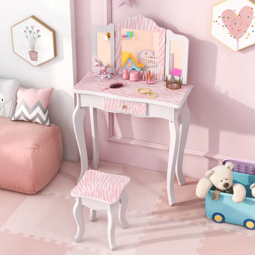 Costway Kids Vanity Table & Stool Set with Cute Polka Dot Print Tri-folding Mirror Drawer