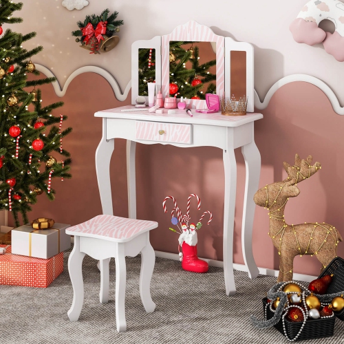 Costway Kids Vanity Table & Stool Set with Cute Polka Dot Print Tri-folding Mirror Drawer
