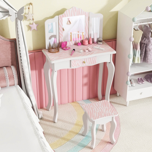 Costway Kids Vanity Table & Stool Set with Cute Polka Dot Print Tri-folding Mirror Drawer