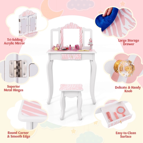 Costway Kids Vanity Table & Stool Set with Cute Polka Dot Print Tri-folding Mirror Drawer