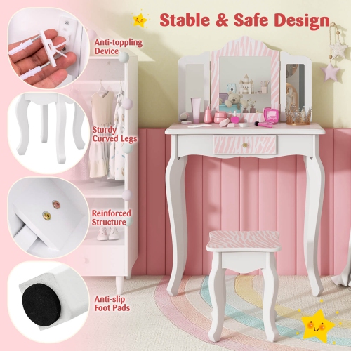 Costway Kids Vanity Table & Stool Set with Cute Polka Dot Print Tri-folding Mirror Drawer
