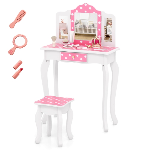 Ensemble coiffeuse et tabouret pour enfants avec charmant tiroir miroir repliable à imprimé à pois de Costway