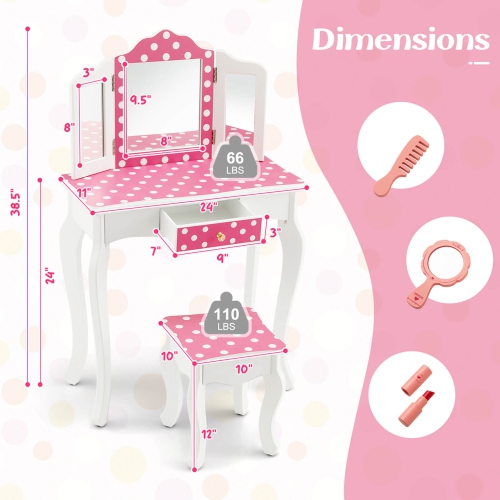 Costway Kids Vanity Table & Stool Set with Cute Polka Dot Print Tri-folding Mirror Drawer