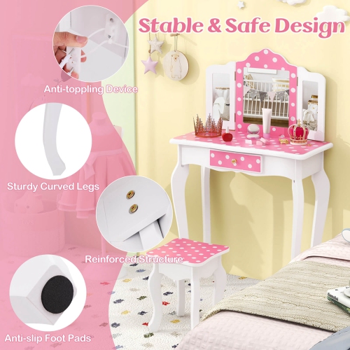 Costway Kids Vanity Table & Stool Set with Cute Polka Dot Print Tri-folding Mirror Drawer