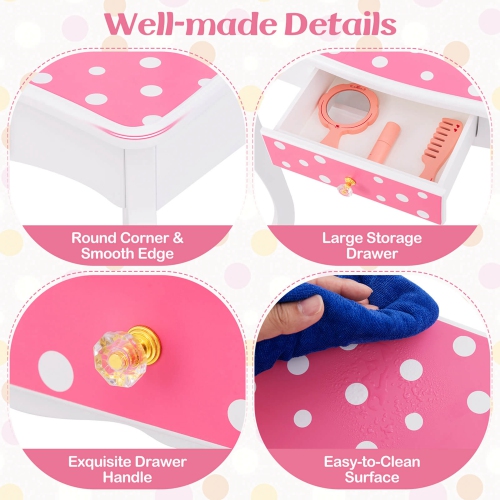 Costway Kids Vanity Table & Stool Set with Cute Polka Dot Print Tri-folding Mirror Drawer