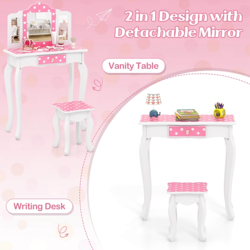 Costway Kids Vanity Table & Stool Set with Cute Polka Dot Print Tri-folding Mirror Drawer