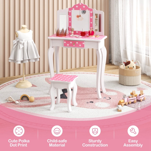 Costway Kids Vanity Table & Stool Set with Cute Polka Dot Print Tri-folding Mirror Drawer