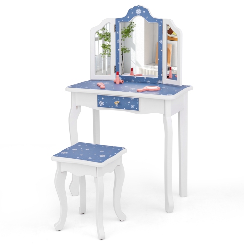 Costway Kids Vanity Table & Stool Set with Cute Polka Dot Print Tri-folding Mirror Drawer