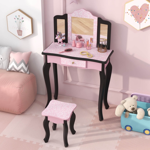 Costway Kids Vanity Table & Stool Set with Cute Polka Dot Print Tri-folding Mirror Drawer