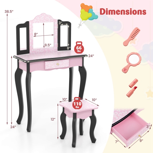 Costway Kids Vanity Table & Stool Set with Cute Polka Dot Print Tri-folding Mirror Drawer