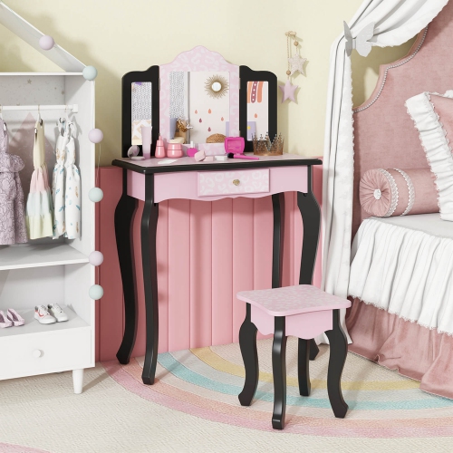 Costway Kids Vanity Table & Stool Set with Cute Polka Dot Print Tri-folding Mirror Drawer