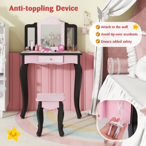 Costway Kids Vanity Table & Stool Set with Cute Polka Dot Print Tri-folding Mirror Drawer