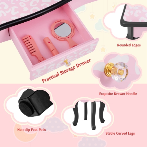 Costway Kids Vanity Table & Stool Set with Cute Polka Dot Print Tri-folding Mirror Drawer