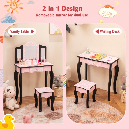 Costway Kids Vanity Table & Stool Set with Cute Polka Dot Print Tri-folding Mirror Drawer