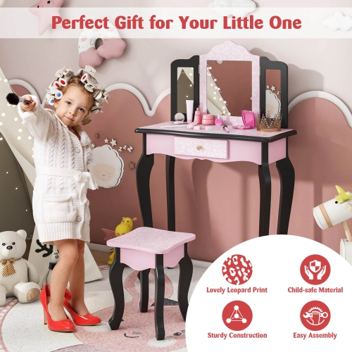 Costway Kids Vanity Table & Stool Set with Cute Polka Dot Print Tri-folding Mirror Drawer