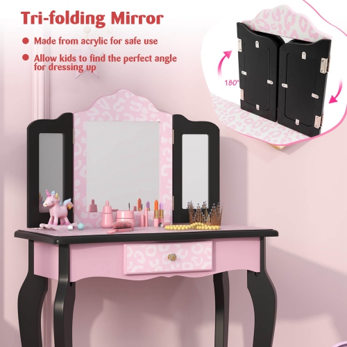 Costway Kids Vanity Table & Stool Set with Cute Polka Dot Print Tri-folding Mirror Drawer