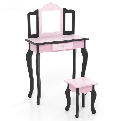 Costway Kids Vanity Table & Stool Set with Cute Polka Dot Print Tri-folding Mirror Drawer