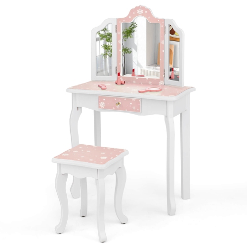 Costway Kids Vanity Table & Stool Set with Cute Polka Dot Print Tri-folding Mirror Drawer