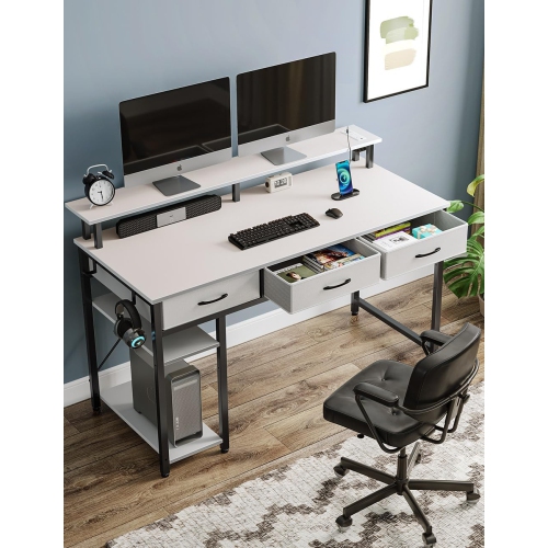 Computer Desk with Power Outlets & LED Light, 39 inch Home Office Desk with 3 Drawers and Storage Shelves, Writing Desk with Monitor Stand, Work Desk