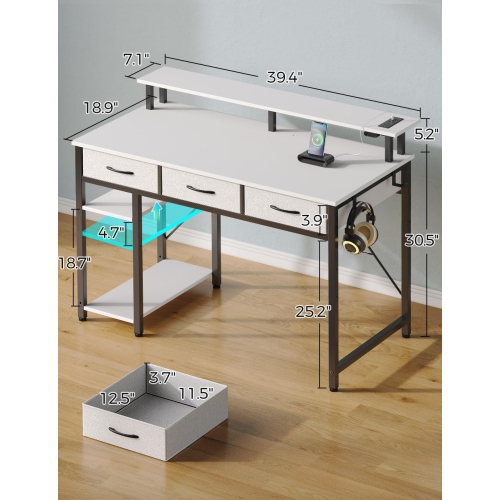 Computer Desk with Power Outlets & LED Light, 39 inch Home Office Desk with 3 Drawers and Storage Shelves, Writing Desk with Monitor Stand, Work Desk