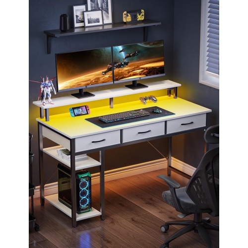Computer Desk with Power Outlets & LED Light, 39 inch Home Office Desk with 3 Drawers and Storage Shelves, Writing Desk with Monitor Stand, Work Desk