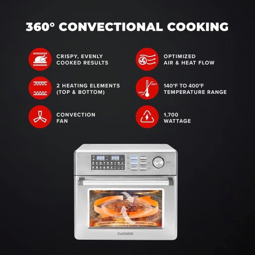 CUCKOO CAFO-A2601S 6-in-1 Air Oven, 18 Menu Modes, Convection Oven, Toaster, Air Fryer, Dehydrator, Defroster, 360 Convectional Cooking