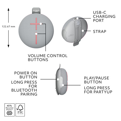 Haut-parleur miniature sans fil portatif Bluetooth étanche MINIROLL d'Ultimate Ears - Gris