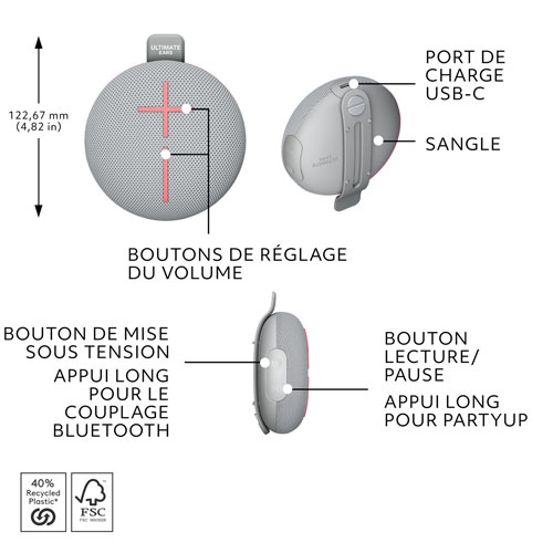 Haut-parleur miniature sans fil portatif Bluetooth étanche MINIROLL d'Ultimate Ears - Gris