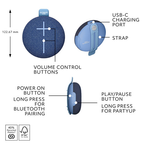 Haut-parleur miniature sans fil portatif Bluetooth étanche MINIROLL d'Ultimate Ears - Bleu majestueux