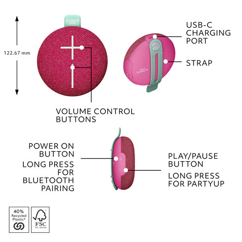 Haut-parleur miniature sans fil portatif Bluetooth étanche MINIROLL d'Ultimate Ears - Rose apaisant