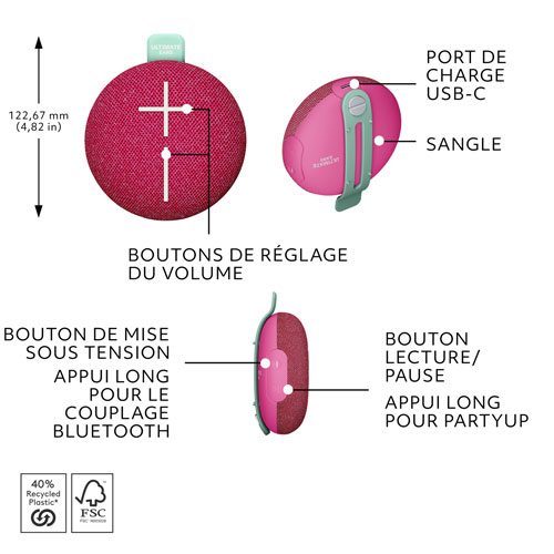 Haut-parleur miniature sans fil portatif Bluetooth étanche MINIROLL d'Ultimate Ears - Rose apaisant