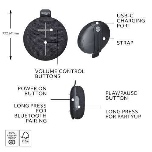 Haut-parleur miniature sans fil portatif Bluetooth étanche MINIROLL d'Ultimate Ears - Noir doux