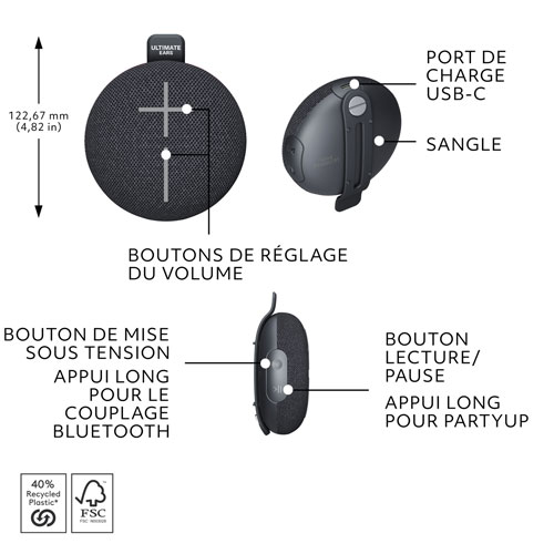 Haut-parleur miniature sans fil portatif Bluetooth étanche MINIROLL d'Ultimate Ears - Noir doux
