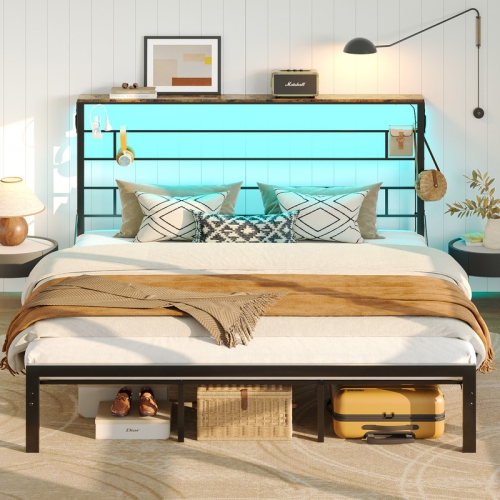 BESTIER  Bed Frame With 49.2" High Led Storage Headboard Shelf Metal Platform Bed In Black