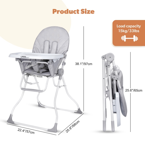 Baby High Chair, Portable Foldable Dining Booster Seat with Adjustable Tray for Babies and Toddlers, Grey