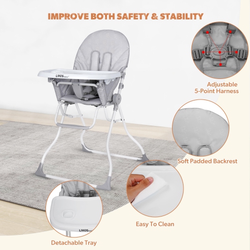 Baby High Chair, Portable Foldable Dining Booster Seat with Adjustable Tray for Babies and Toddlers, Grey
