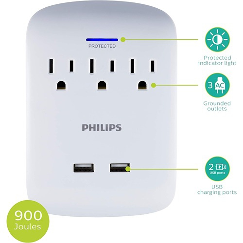 Philips 3-Outlet Power Strip with 2 USB Ports