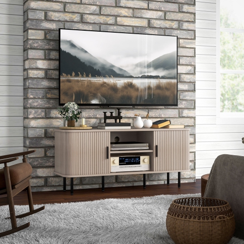 HOMCOM TV Table Stand for TVs up to 55 Inches, TV stand with Storage Shelves and Cabinets for Living Room, Oak Tone