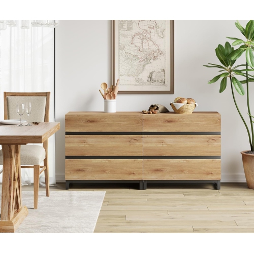 WAMPAT  Multifunctional Buffet Sideboards, 2 In 1 Modern Sideboard With 6 Drawers, Storage Cabinet for Kitchen, Coffee Bar Cabinet, Oak