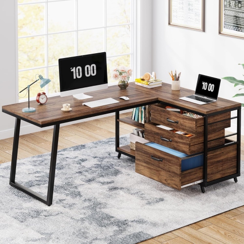 TRIBESIGNS  L-Shaped Computer Desk, Reversible Corner Desk With Drawers for Home Office