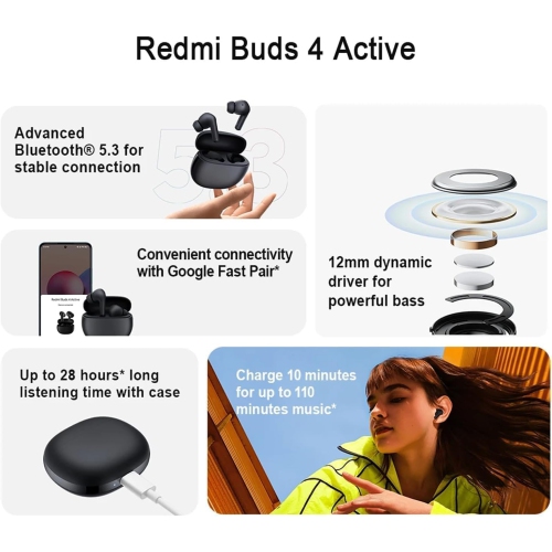 Écouteurs boutons sans fil Xiaomi Redmi Buds 4 Active TWS, suppression du bruit des appels IA, blanc
