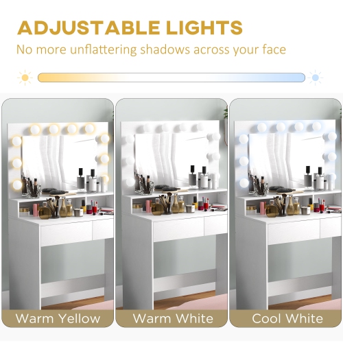 HOMCOM Makeup Vanity Desk with Lighted Mirror, Vanity Table with Drawers, 3 Lighting Modes, 10 Bulbs, Modern Dressing Table for Bedroom, White