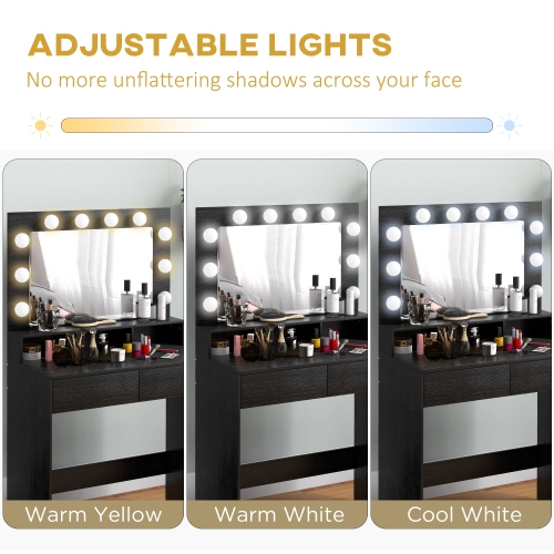 HOMCOM Makeup Vanity Desk with Lighted Mirror, Vanity Table with Drawers, 3 Lighting Modes, 10 Bulbs, Modern Dressing Table for Bedroom, Black