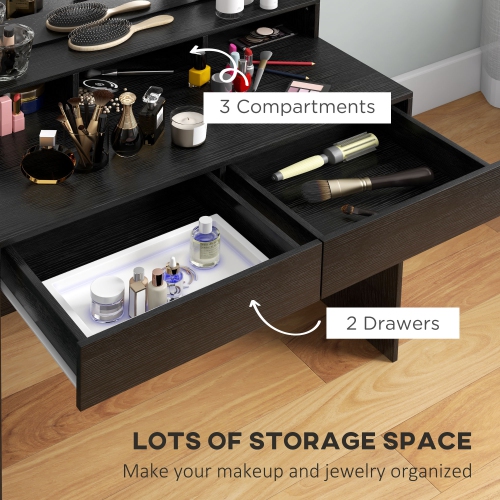 HOMCOM Makeup Vanity Desk with Lighted Mirror, Vanity Table with Drawers, 3 Lighting Modes, 10 Bulbs, Modern Dressing Table for Bedroom, Black