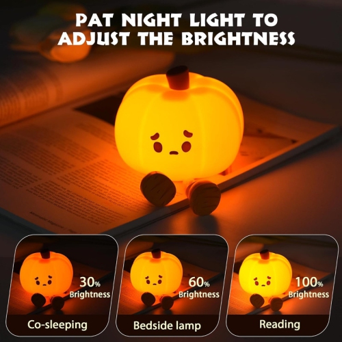 Pumpkin Night Light, Cute LED Lamp, Silicone Dimmable Nursery Nightlight for Kids, Silicone Rechargeable Bedside Touch Lamp, Funny Office Desk and
