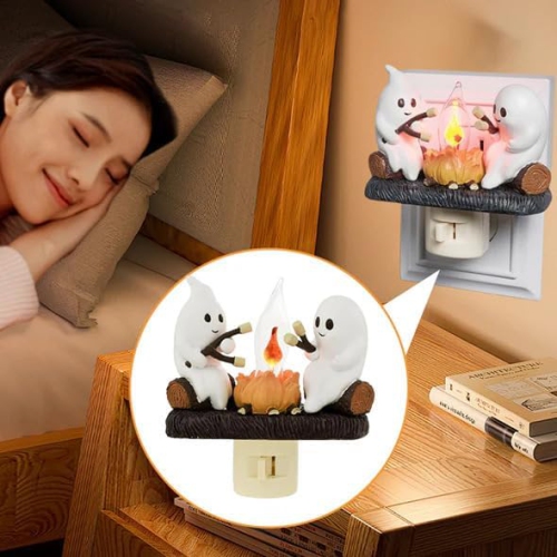 2024 Ghost Campfire Flickering Nightlight,Ghosts Campfire Night Light,3D Spooky Fire Marshmallow Night Light,Halloween Flameless Candles,Spooky