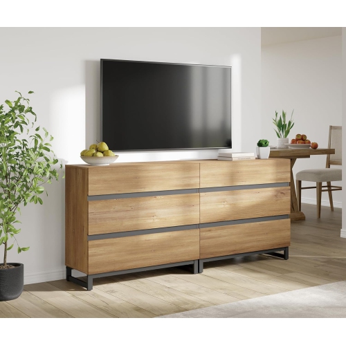 Image 1 of 9.. WAMPAT Modern TV Stand for TVs up to 70 inch, Entertainment Center TV Console Table with 6 Drawers, Media Console for Living Room, Bedroom, Oak